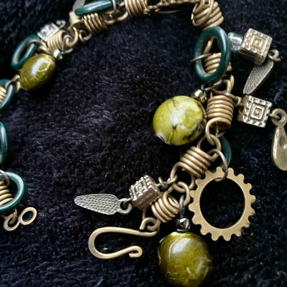 Steampunk Charm Bracelet with Gears, Green Beads, and Teal Accents - Picture 3 of 4